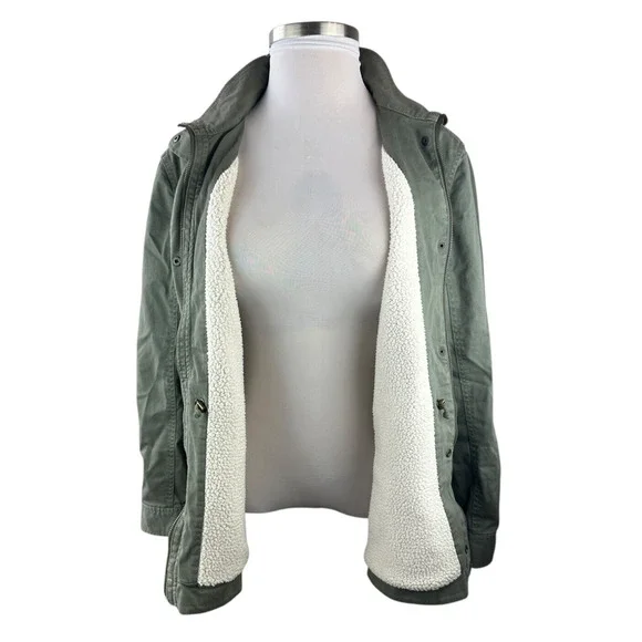 LL Bean Classic Utility Jacket Sherpa Lined Army Green Zip Snap Women's Size XL - Picture 3 of 13